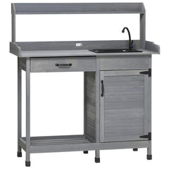Potting Bench Table with Sink, Outdoor Work Bench Table with Storage Cabinet, Hooks, Removable Sink, Faucet and Drawer for Greenhouse, Garden, Patio, Gray
