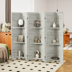 6 Panel 67" Tall Wood Privacy Screen Room Divider with 3 Shelves and Folding Storage for Bedroom, White