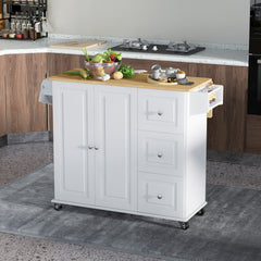 Kitchen Island with Drop Leaf, Rolling Kitchen Cart on Wheels with 3 Drawers, Cabinet, Natural Wood Top, Spice Rack and Towel Rack, White