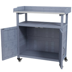 Outdoor Wooden Potting Bench with Storage Cabinet, Aluminum Tabletop, Rubber Wheels for Backyard, Patio, Balcony, Gray