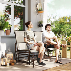 Outdoor Glider Bench with Center Table, Metal Frame Patio Loveseat with Breathable Mesh Fabric and Armrests for Backyard Garden Porch, Beige