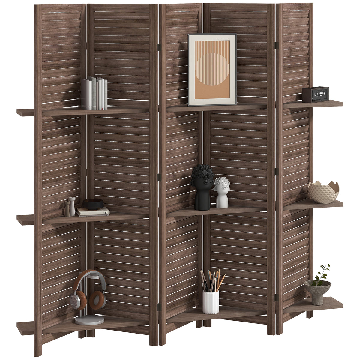 5 Panel 67" Tall Wood Privacy Screen Room Divider with 3 Shelves and Folding Storage for Bedroom, Walnut