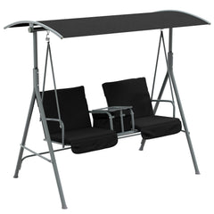 2-Seater Outdoor Porch Swing with Canopy and Table, Patio Swing Chair for Garden, Poolside, Backyard, Black