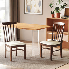 Wooden Dining Chairs Set of 2, Farmhouse Upholstered Kitchen Chairs with Rubber Wood Frame, Dark Brown and Beige