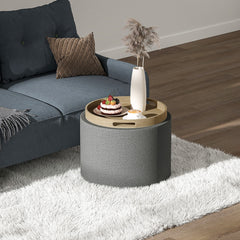 Round Storage Ottoman Coffee Table with Flip Top Tray, Linen Fabric Upholstered Footstool with Hidden Compartment