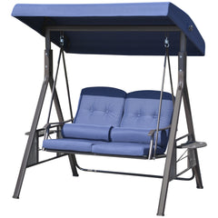 2-Person Patio Swing Bench with Adjustable Shade Canopy, Soft Cushions, Throw Pillows and Tray, Dark Blue