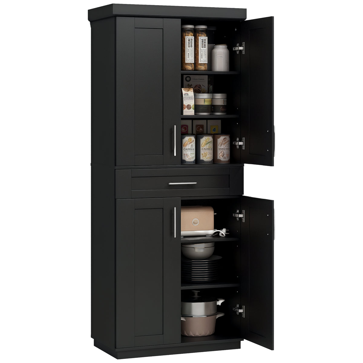 Modern Kitchen Pantry Freestanding Cabinet Cupboard with Doors and Drawer, Adjustable Shelving, Black