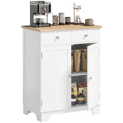 Kitchen Storage Cabinet, Sideboard Floor Cupboard with Solid Wood Top, Adjustable Shelf, and 2 Drawers, White
