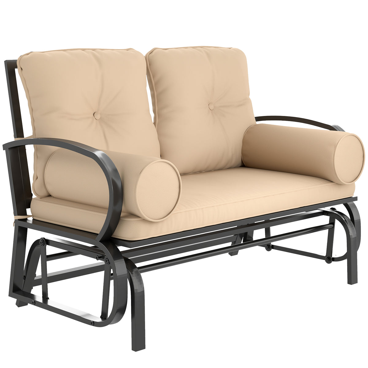 Swing Glider Rocking Chair, Double Patio Bench, 2 Person Loveseat with Steel Frame, Cushions, Pillow Armrests, Khaki