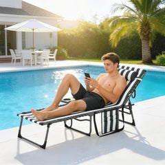 Folding Outdoor Chaise Lounge Chair Tanning Chair with 5-Level Adjustable Back, Side Table, Pillow, Pocket, Blue White
