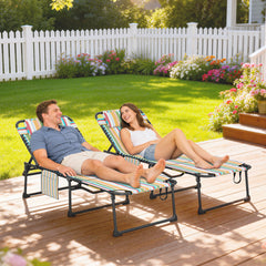 2 Piece Folding Chaise Lounge Pool Chairs with 5-level Reclining Back, Reading Hole, Side Pocket, Rainbow Striped