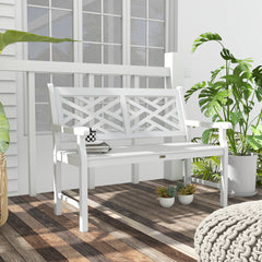 Outdoor Garden Bench, Wooden Frame Patio Bench with Geometric Pattern, 43.25 Inch Weatherproof 2-Person Love Seat for Garden, Lawn, Porch, Yard, Work Entryway, White