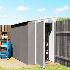 4' x 8' Lean to Garden Storage Shed, Outdoor Metal Tool House with Lockable Door Vents for Backyard Patio Lawn, Light Gray
