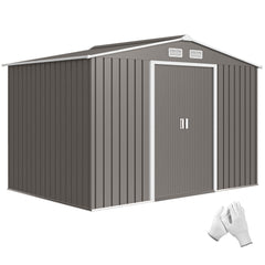 9' x 6' Outdoor Storage Shed, Garden Tool Metal Shed with Foundation Kit, Light Gray