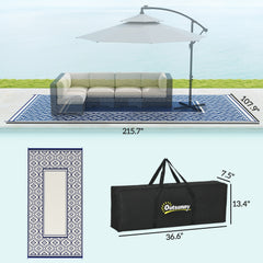 Reversible Outdoor Rug, Waterproof Plastic Straw with Carry Bag, 9' x 18', Blue & White Gourd Border