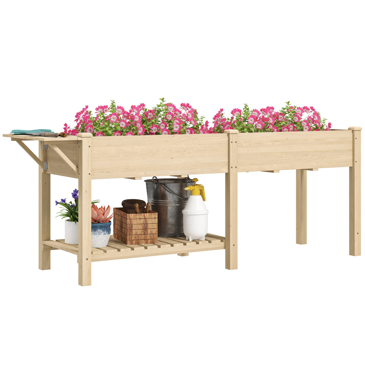 Wood Raised Garden Box, Elevated Garden Bed with Side Table, Bottom Shelf, Bed Liners and Drainage Holes, Natural