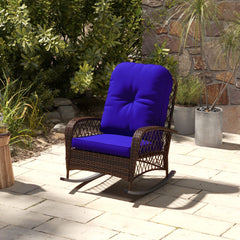 Rattan Porch Rocker w/ Plush Cushion, Dark Blue
