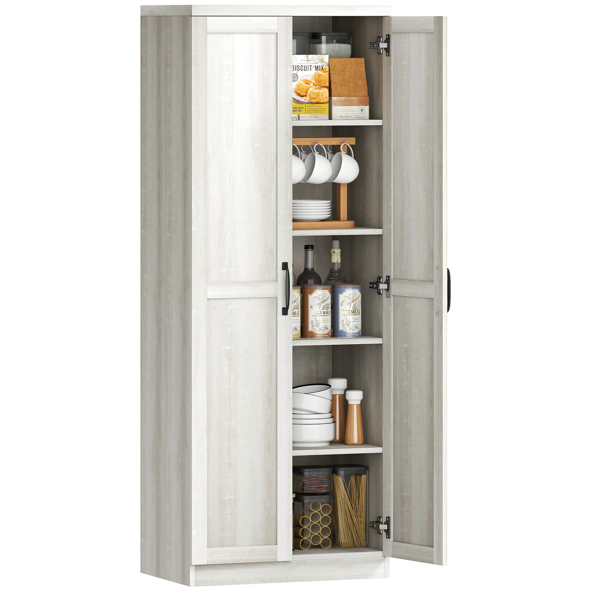 Kitchen Pantry, Freestanding 5-tier Storage Cabinet with 2 Adjustable Shelves, Antique White