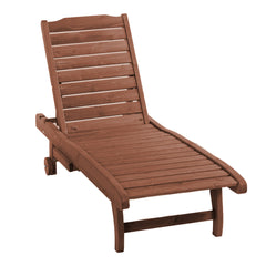 Chaise Lounge Chair Outdoor Wooden Pool Lounge Chair with 3-level Adjustable Backrest, Built-In Table and Rolling Wheels, Sun Tanning Chair for Beach Poolside Sunbathing, Brown Red
