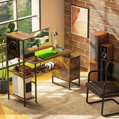 56" Computer Desk with Storage, Computer Table with Power Outlets and LED Lights, Rustic Brown