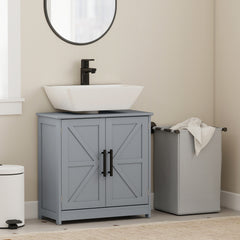 Farmhouse Pedestal Sink Storage Cabinet, Bathroom Sink Cabinet with 2 Barn Doors and Adjustable Shelf, Dark Gray