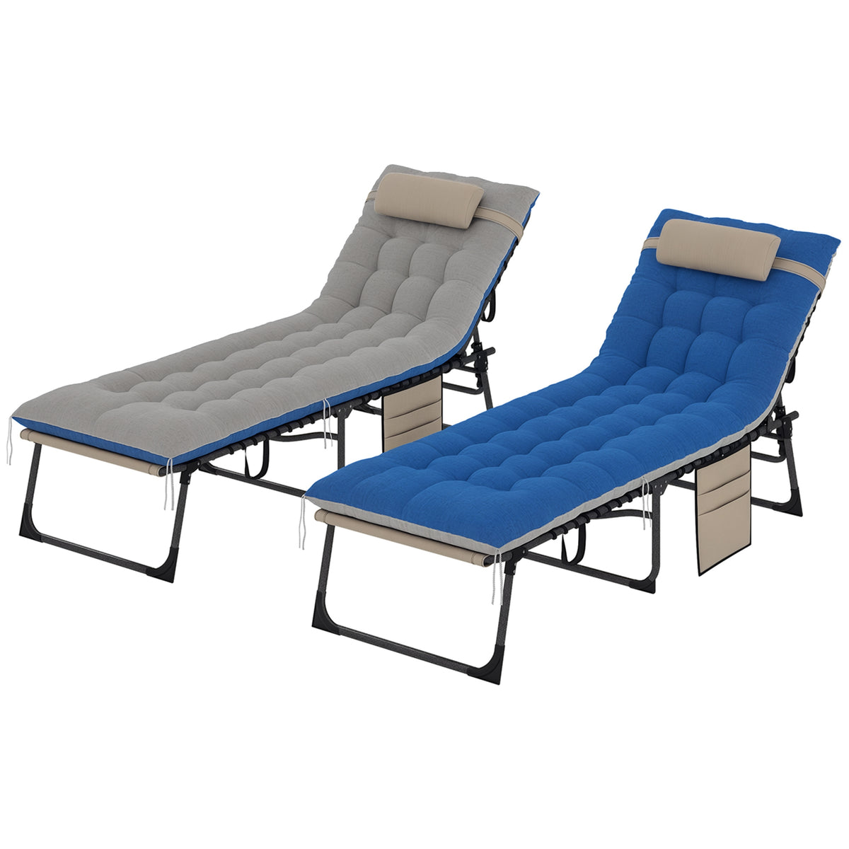 Outdoor Chaise Lounge Chair Set of 2, 5-Level Adjustable Folding Pool Lounge Chairs with Cushions, Brown/Blue