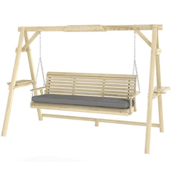 3 Seat Wooden Porch Swing with Stand, Patio Swing with Cushion, for Garden, Poolside, Backyard, Natural Wood