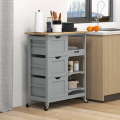 Rolling Kitchen Cart, Kitchen Island with Wood Top, Shelves & Drawers for Dining Area, Gray