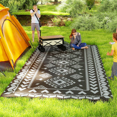 Reversible Outdoor Rug, Waterproof Plastic Straw with Carry Bag, 9' x 18', Black & Gray Rhombus Patchwork