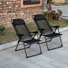 Folding Patio Dining Chairs Set of 2, Outdoor Deck Chair with Adjustable Sling Back, Camping Chair with Removable Headrest for Garden, Backyard, Lawn, Black