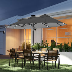 Double-sided Patio Umbrella, 9.7' Outdoor Umbrella with Tilt and Crank, LED Solar Light and 12 Ribs, Gray