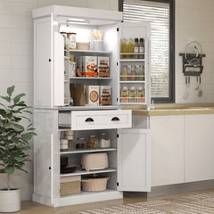 71" Kitchen Pantry Cabinet with LED Lights, 6 Door Shelves, a Drawer and 4 Adjustable Shelves, White