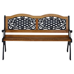 50" Outdoor Garden Bench, Park Patio Bench Loveseat, Wood & Metal Frame with Plastic Flourish Backrest, Natural Wood