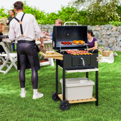 Charcoal BBQ Grill, Outdoor Portable Cooker for Camping or Backyard Picnic, Barbecue Grill with Side Table, Bottom Storage Shelf, Wheels and Handle, Black