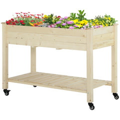 Raised Garden Bed, 47" x 22" x 33", Elevated Wooden Planter Box w/ Lockable Wheels, Storage Shelf, and Bed Liner for Backyard, Patio, Natural