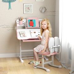 Height Adjustable Kids Desk and Chair Set for Writing Drawing w/ Tilt Desktop, Storage Drawer and Reading Rack, Pink