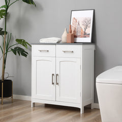 Bathroom Floor Cabinet, Freestanding Linen Cabinet, Storage Cabinet with 2 Drawers, Double Doors, Adjustable Shelf, White