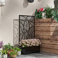 Metal Outdoor Privacy Screen with Raised Garden Bed, Privacy Panel and Planter Box, Wall-Mounted or Freestanding, Black