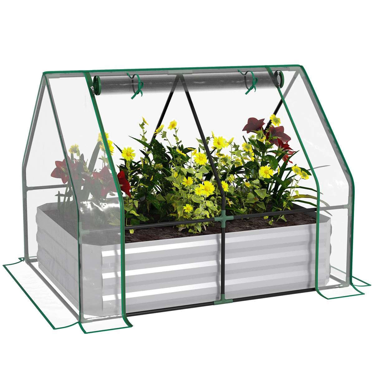 4 x 3 x 3ft Raised Garden Bed with Mini Greenhouse, Galvanized Raised Garden Bed with Cover for Herbs and Vegetables, Small Greenhouse for Patio Garden Balcony, Clear and Gray