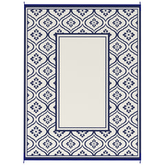 Reversible Outdoor Rug, Waterproof Plastic Straw with Carry Bag, 9' x 12', Blue & White Gourd Border