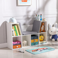 6-Cubby Kids Bookcase with Reading Nook and Cushion, Multi-Purpose Storage Organizer for Bedroom, Living Room, Pure White