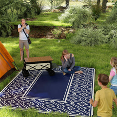 Reversible Outdoor Rug, Waterproof Plastic Straw with Carry Bag, 9' x 12', Blue & White Gourd Border
