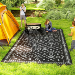 Reversible Outdoor Rug, Waterproof Plastic Straw with Carry Bag, 9' x 18', Black & Gray Rhombus