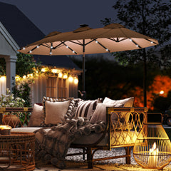 Double-sided Patio Umbrella, 9.7 ft. Outdoor Umbrella with 45-Degree Tilt and Crank, LED Solar Light and 12 Ribs, Coffee