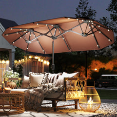 Double-sided Outdoor Patio Umbrella with Solar Lights and Base, Dining Table Umbrella Push Button Tilt, Coffee