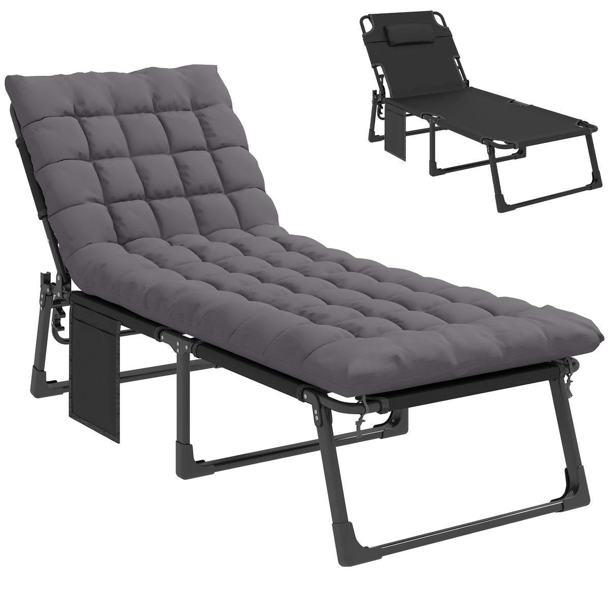 Folding Chaise Lounge Chair Outdoor Tanning Chair with 5-Position Backrest, Cushion, Side Pocket, Dark Gray