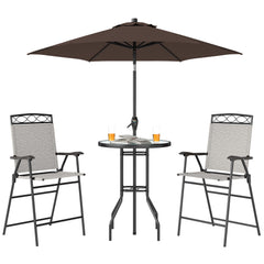 4 Piece Outdoor Bar Set with Umbrella, Patio Dining Set with 2 Folding Chairs, Wave Textured Tempered Glass Table for Backyard, Garden, Deck, Poolside, Beige