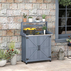 Outdoor Wooden Potting Bench with Storage Cabinet, Shelves, Galvanized Plated Tabletop for Backyard, Balcony, Gray