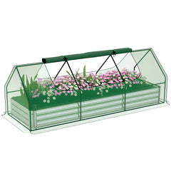 8.6 x 3 x 1ft Raised Garden Bed with Mini Greenhouse, Galvanized Raised Garden Bed with Cover for Herbs and Vegetables, Small Greenhouse for Patio Garden Balcony, Green and Silver