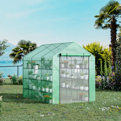 8' x 6' x 7' Walk-in Greenhouse, PE Cover, 4-Tier Shelves, Steel Frame Hot House, Roll-Up Zipper Door for Flowers, Vegetables, Saplings, Tropical Plants, Green